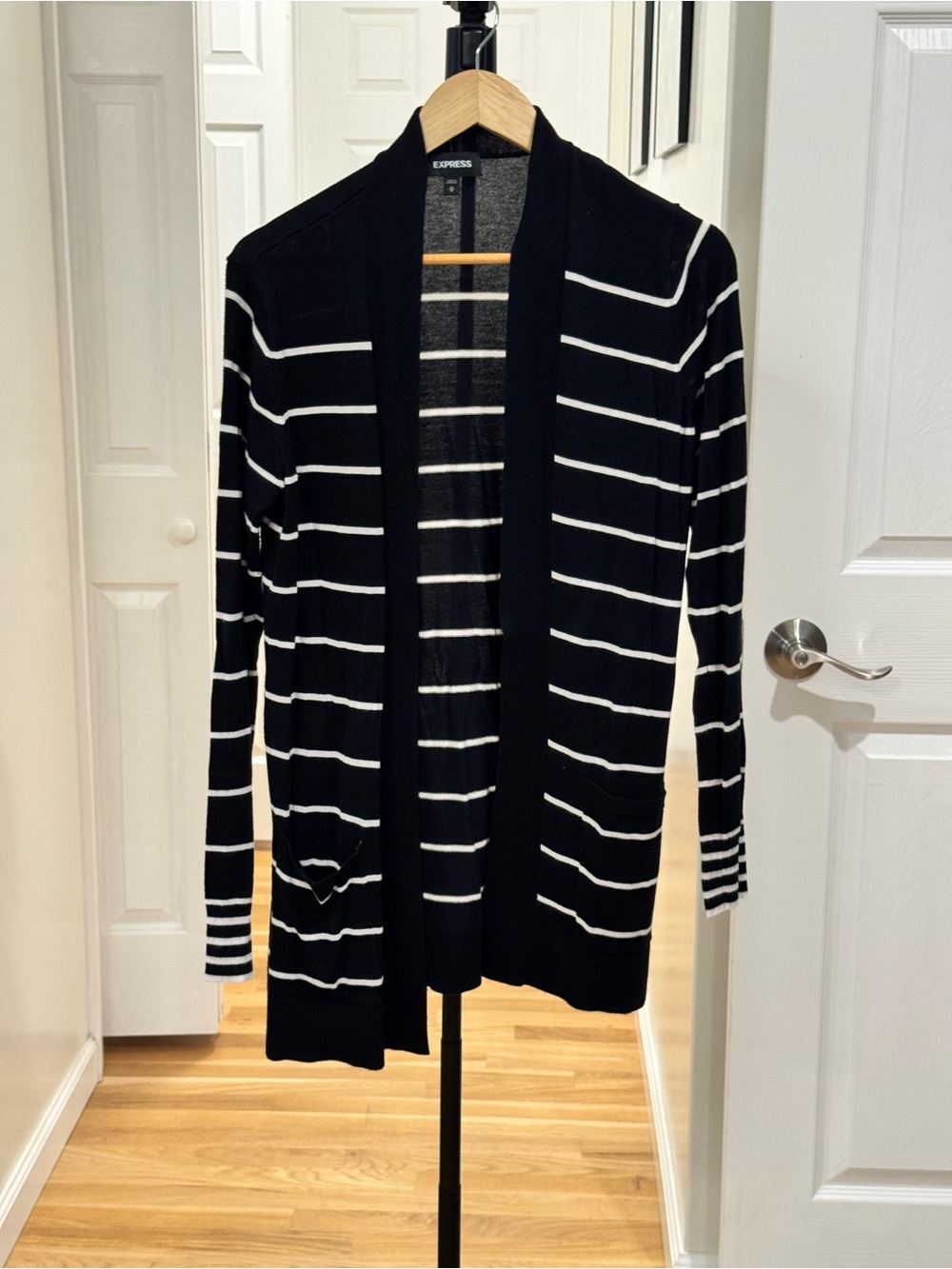 Express Black and White Striped Open-Front Cardigan